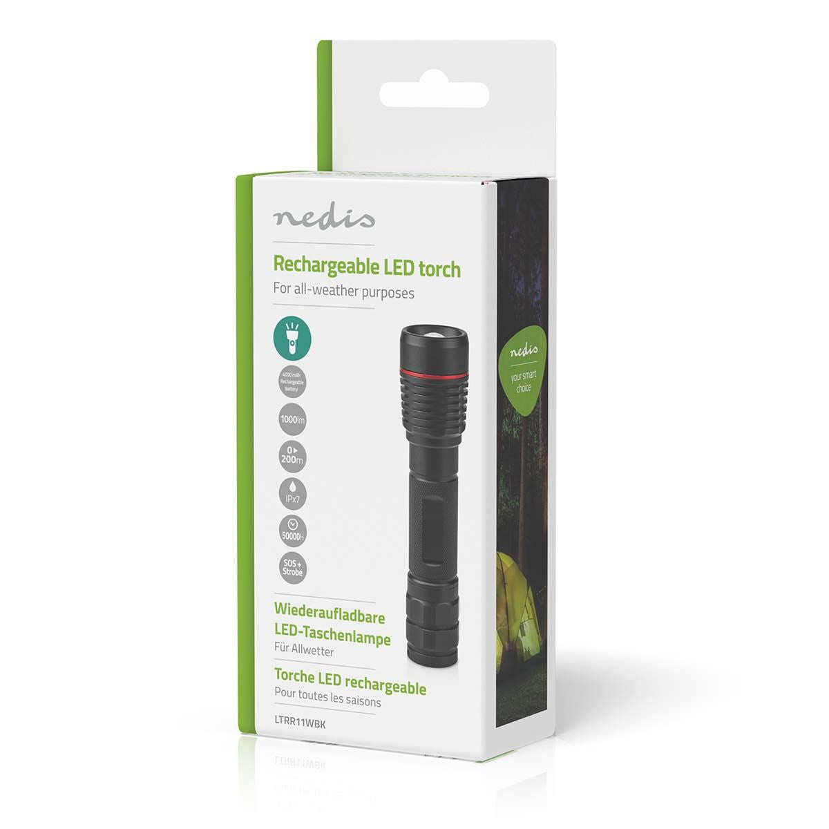 Nedis LED Torch | Battery Powered | 3.7 V DC | 10 W | N/A | Batteries included | Rechargeable | Rated luminous flux: 1000 lm | Light range: 200 m | Beam angle: 10 °