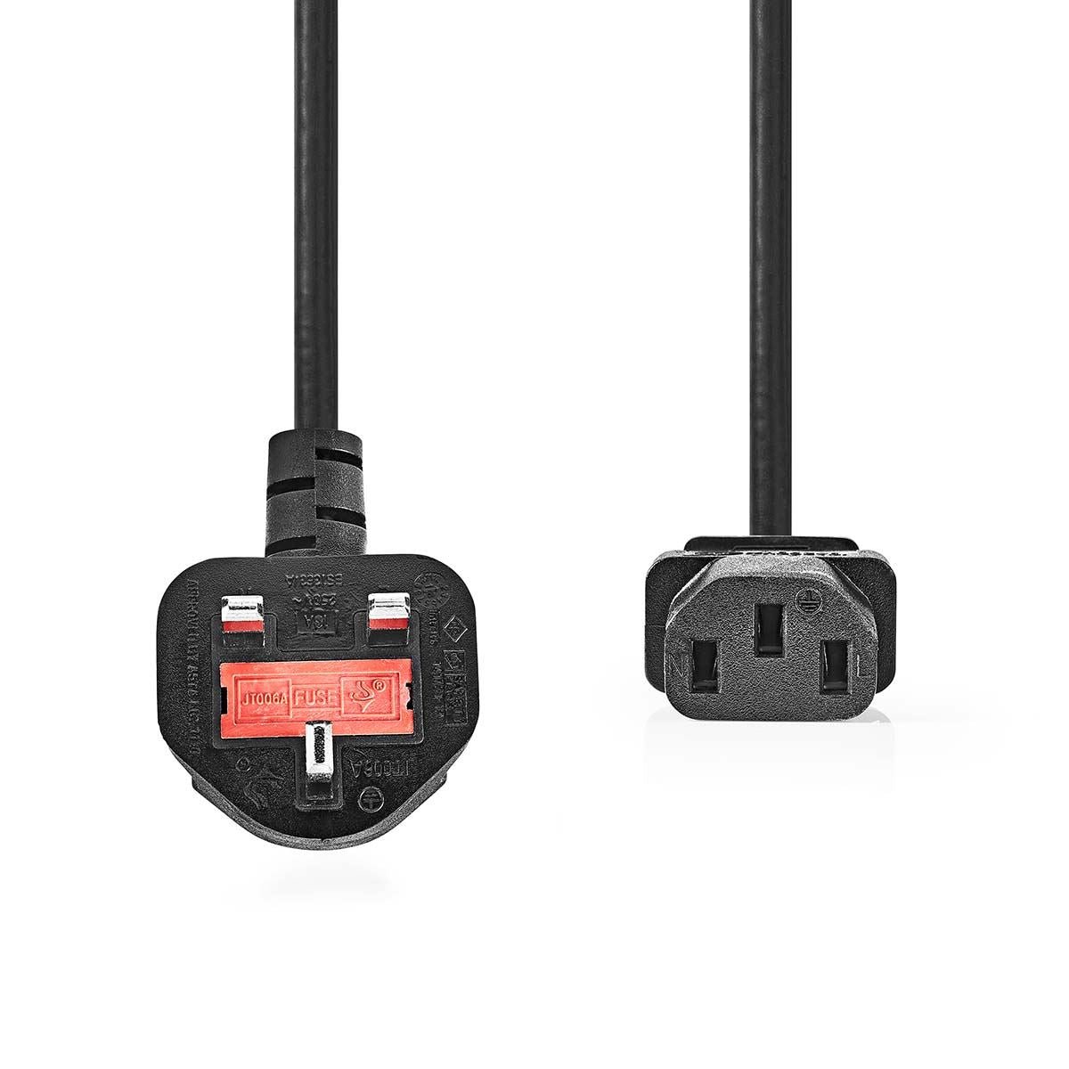 Nedis Power Cable | UK Male | IEC-320-C13 | Angled | Straight | Nickel Plated | 3.00 m | Round | PVC | Black | Label