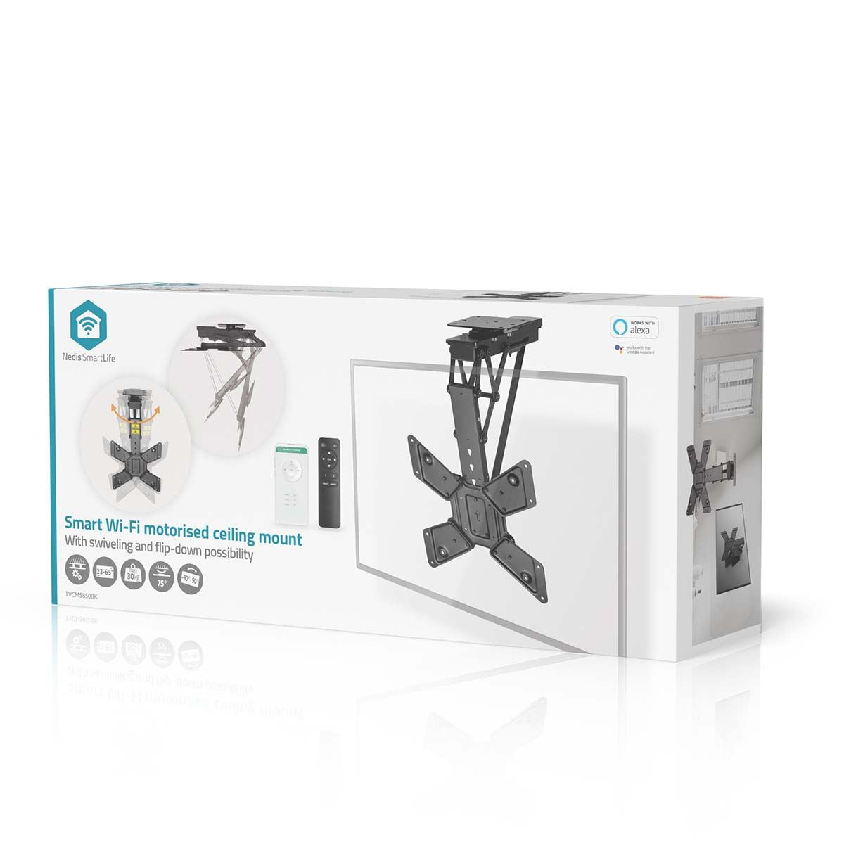 Nedis Motorised TV Ceiling Mount | 23 - 65 " | Maximum supported screen weight: 30 kg | Rotatable | Tiltable | Minimum ceiling distance: 140 mm | Remote controlled | Steel | Black