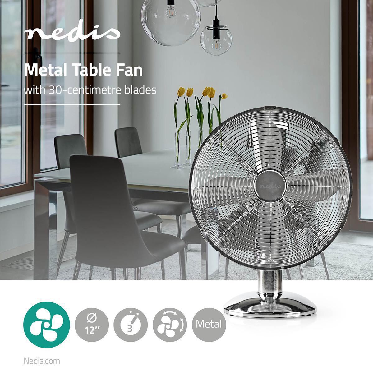 Nedis Table Fan | Mains Powered | Diameter: 300 mm | 35 W | Oscillation | 3-Speed | Chrome