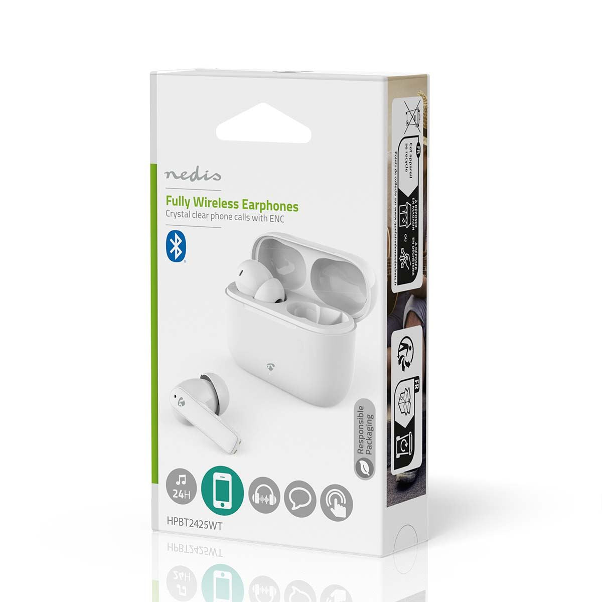 Nedis Fully Wireless Earphones | Bluetooth® | Battery play time: 24 hrs | Touch Control | Charging case | Wireless charging case | Built-in microphone | Voice control support | Noise canceling | IPX4 | White