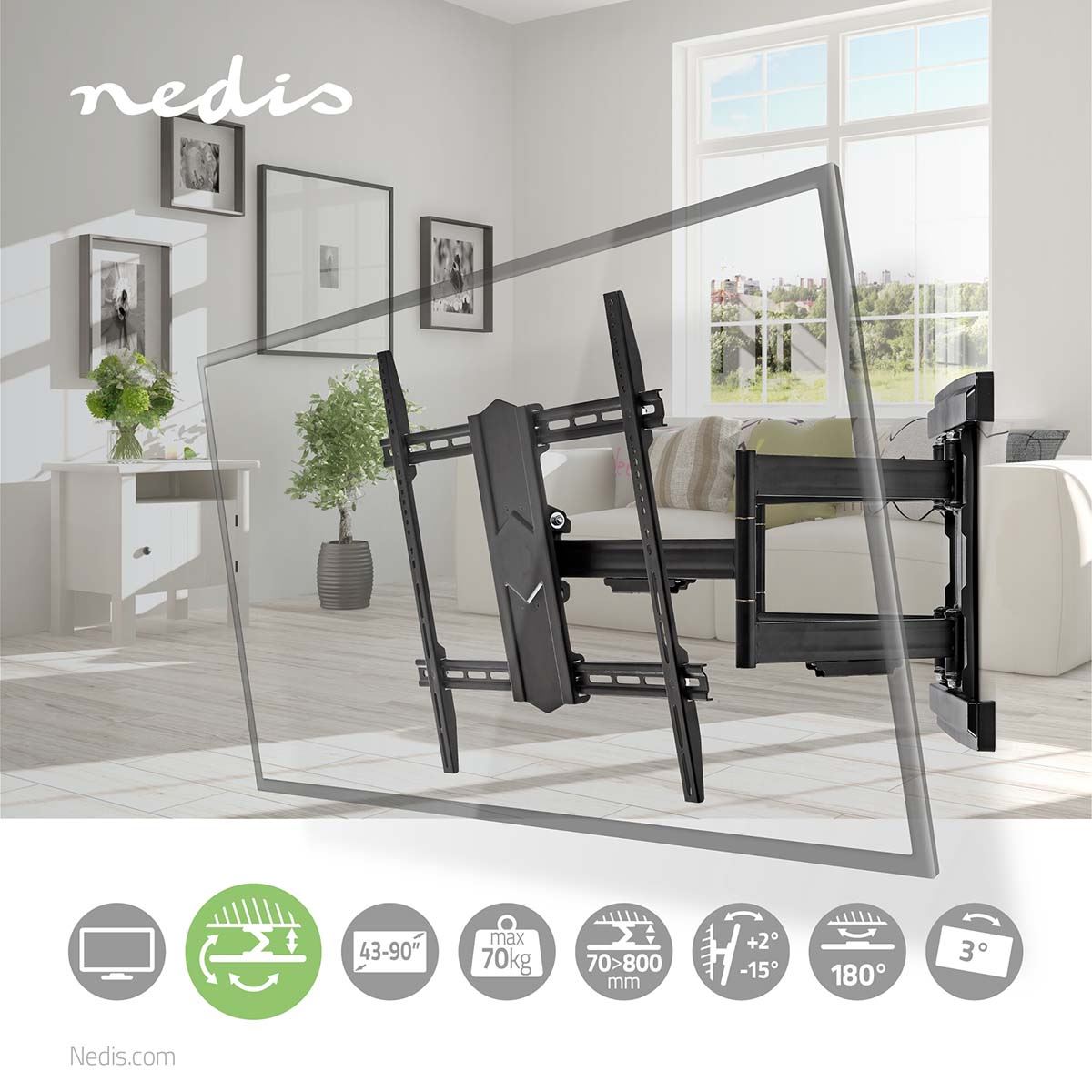 Nedis Full Motion TV Wall Mount | 43 - 100 " | Maximum supported screen weight: 70 kg | Tiltable | Rotatable | Minimum wall distance: 70 mm | Maximum wall distance: 800 mm | 3 Pivot point(s) | Steel | Black
