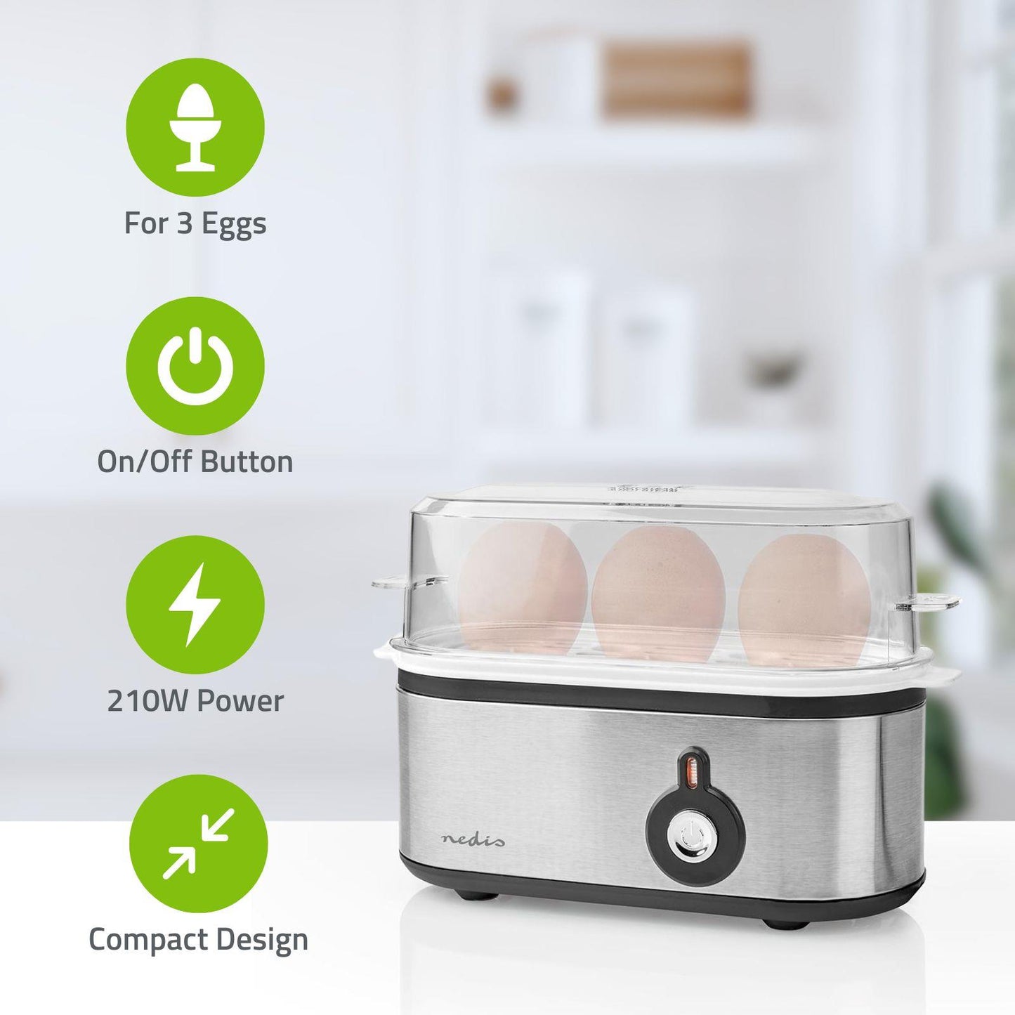 Nedis Egg Boiler | 3 Eggs | Measuring Cup | Aluminium / Black