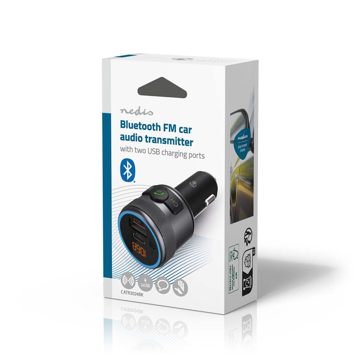 Nedis Car FM Transmitter | Fixed | Hands free calling | 1 " | Amber Screen | Bluetooth® | PD 18 W / PD 24 W | Fast charging | Bass boost | Google Assistant / Siri | Black