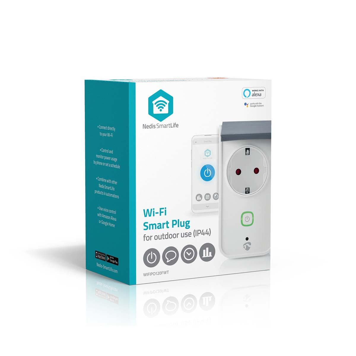 Nedis SmartLife Smart Plug | Wi-Fi | IP44 | Power meter | 3680 W | Plug with earth contact / Type F (CEE 7/7) | -30 - 40 °C | Android™ / IOS | Grey / White | 1 pcs