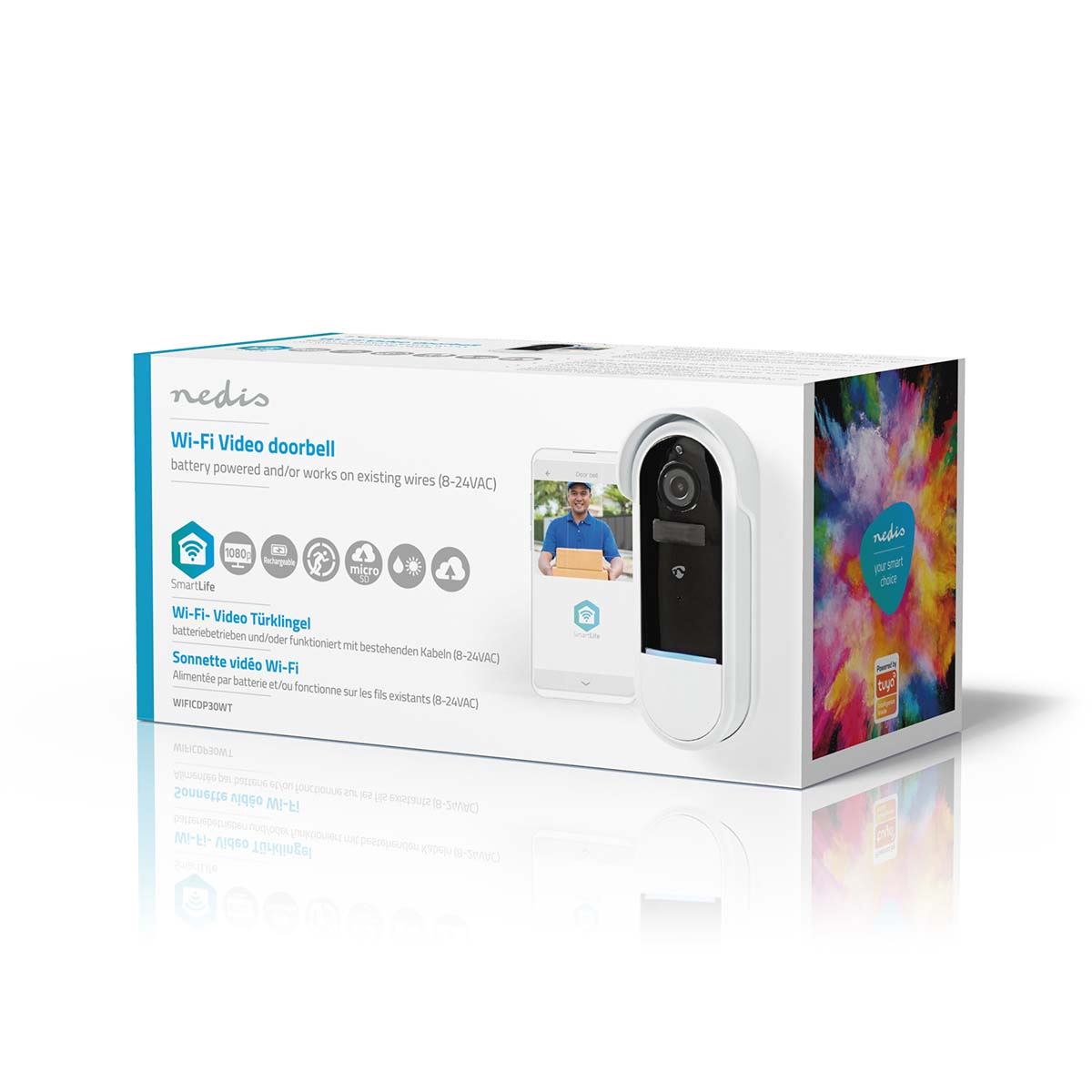 Nedis SmartLife Video Doorbell | Wi-Fi | Battery Powered / Transformer | Full HD 1080p | Cloud Storage (optional) / microSD (not included) | IP54 | With motion sensor | Night vision | White