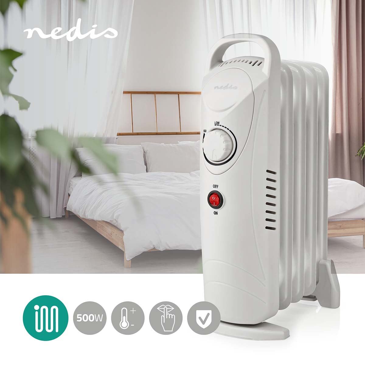 Nedis Mobile Oil Radiator | 500 W | 5 Fins | Adjustable thermostat | 1 Heat Setting | White