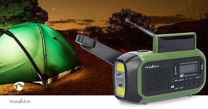 Nedis Emergency Radio | Portable Design | DAB+ / FM | Battery Powered / Hand Crank / Solar Powered / USB Powered | Alarm clock | Black / Green