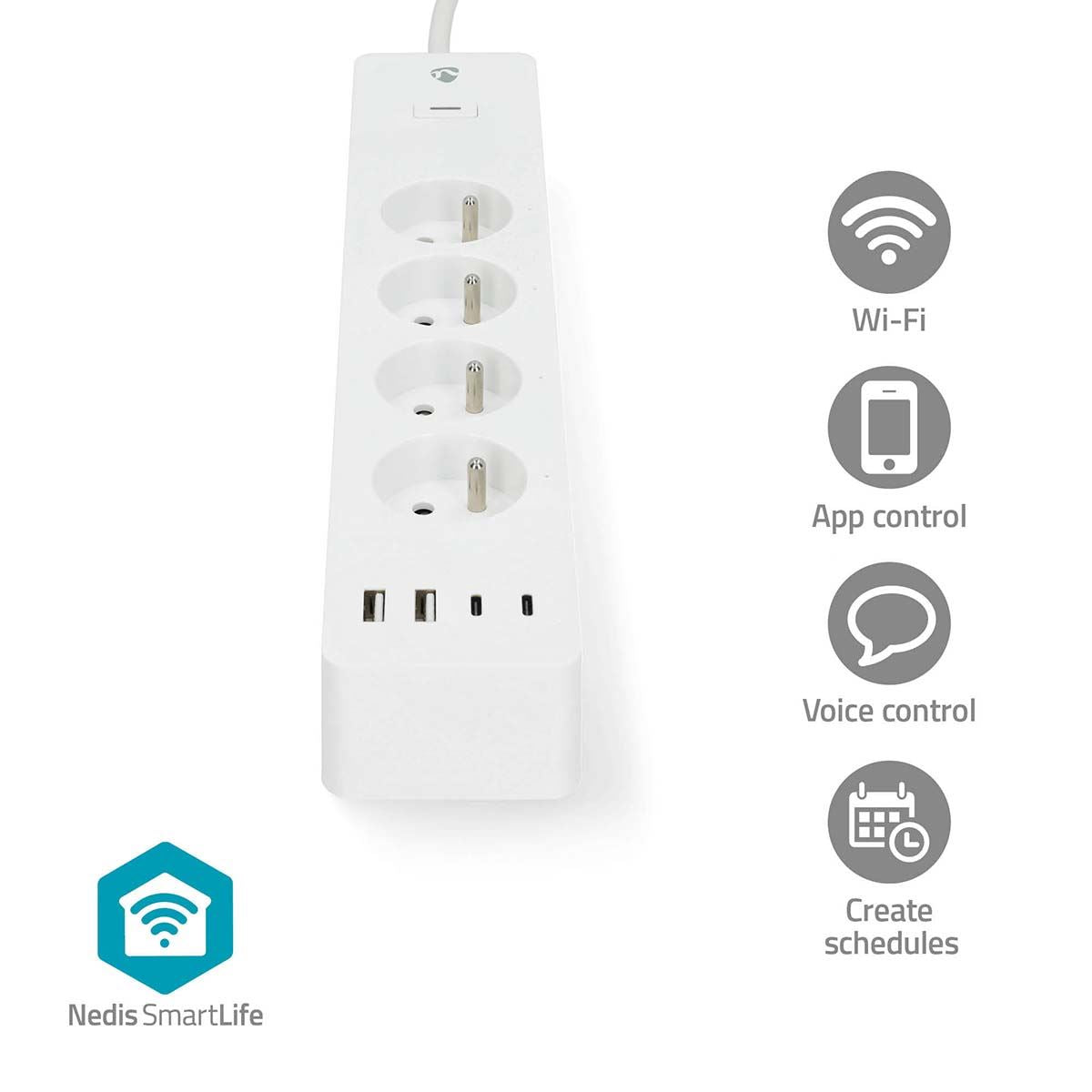 Nedis SmartLife Power Strip | Wi-Fi | 2x USB-A / 2x USB-C™ / 4x plug with earth contact (CEE 7/5) | 16 A | 3680 W | 2.00 m | 0 - 55 °C | Android™ / IOS | White