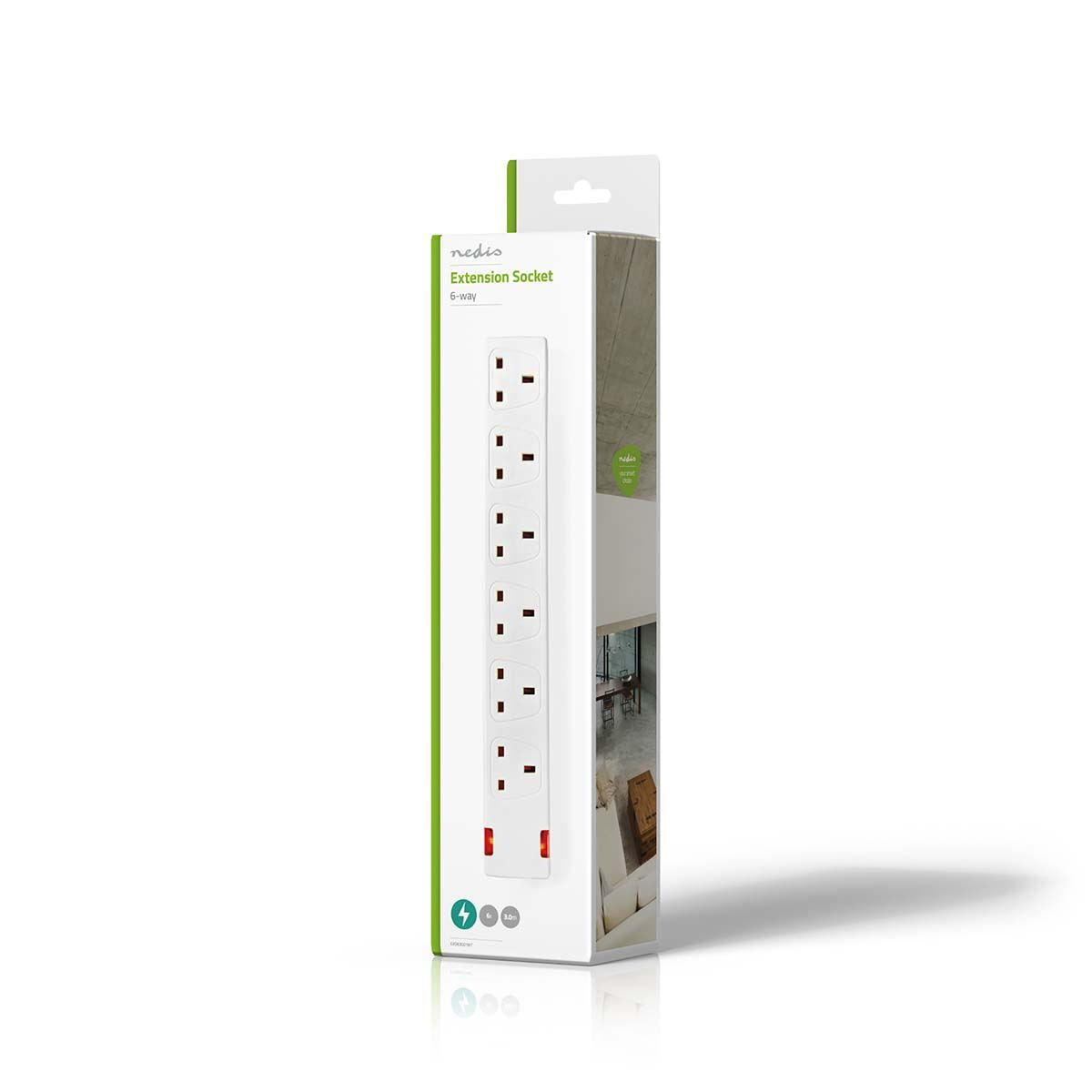 Nedis Extension Socket | Type G | 6-Way | 3.00 m | 3120 W | 13 A | Kind of grounding: UK Plug Earth pin | 230 V AC 50/60 Hz | Socket angle: 90 ° | H05VV-F 3G1.5mm² | White