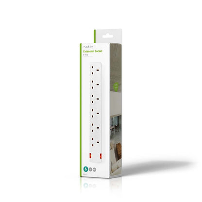 Nedis Extension Socket | Type G | 6-Way | 3.00 m | 3120 W | 13 A | Kind of grounding: UK Plug Earth pin | 230 V AC 50/60 Hz | Socket angle: 90 ° | H05VV-F 3G1.5mm² | White