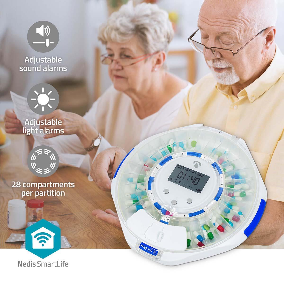 Nedis SmartLife Pill Dispenser | Wi-Fi | 28 Compartments | Number of alarmtimes: 9 Alarm Times Per Day | Beep / Light / Voice | LCD display | White