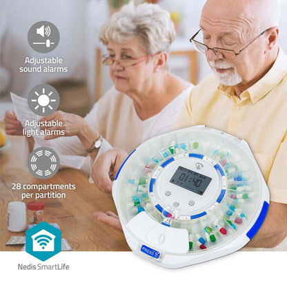 Nedis SmartLife Pill Dispenser | Wi-Fi | 28 Compartments | Number of alarmtimes: 9 Alarm Times Per Day | Beep / Light / Voice | LCD display | White