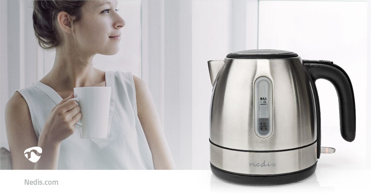 Nedis Electric Kettle | 1.0 l | Stainless Steel | Aluminium | Rotatable 360 degrees | Concealed heating element | Strix® controller | Boil-dry protection