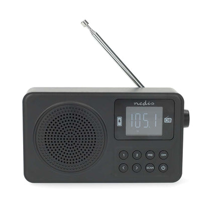 Nedis FM Radio | Portable Design | FM | Battery Powered / USB Powered | Digital | 2 W | Screen size: 1.77 " | Black White Screen | Bluetooth® | Headphone output | Alarm clock | Black