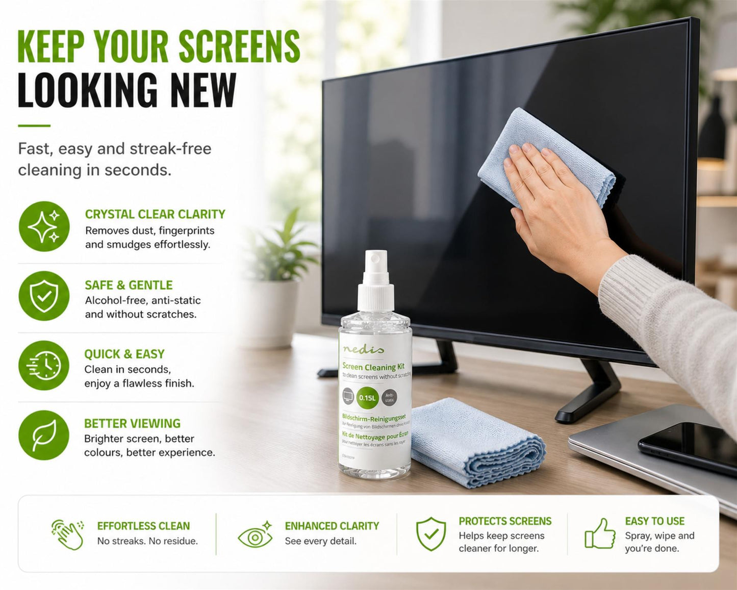Nedis Screen Cleaner | Spray | 150 ml | Notebook / Smartphone / Tablet / TV Screen | Wiper included