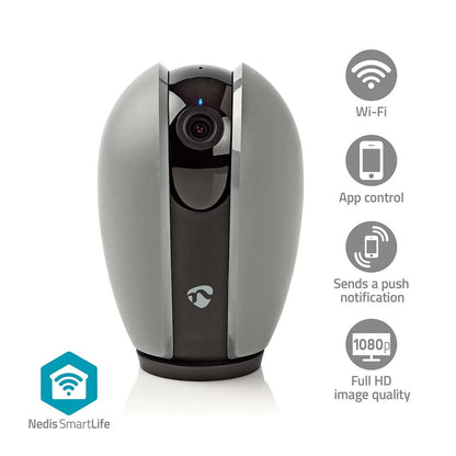 Nedis SmartLife Indoor Camera | Wi-Fi | Full HD 1080p | Pan tilt | Cloud Storage (optional) / microSD (not included) | With motion sensor | Night vision | Dark Grey / White