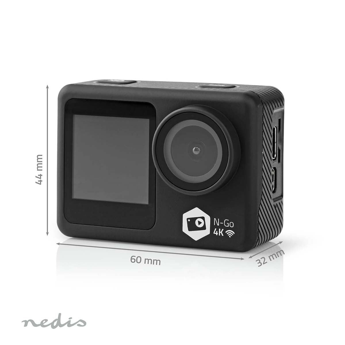 Nedis Action Cam | Dual Screen | 4K@30fps | 16 MPixel | Waterproof up to: 30.0 m | 90 min | Wi-Fi | App available for: Android™ / IOS | Mounts included | Black