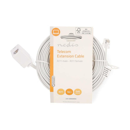 Nedis Telecom Extension Cable | RJ11 Male | RJ11 Female | 10.0 m | Cable design: Flat | Plating: Gold Plated | Cable type: RJ11 | White | Label