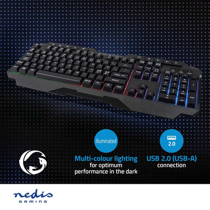 Nedis Wired Gaming Keyboard | USB Type-A | Membrane Keys | LED | QWERTY | ND Layout | USB Powered | Power cable length: 1.30 m | Multimedia