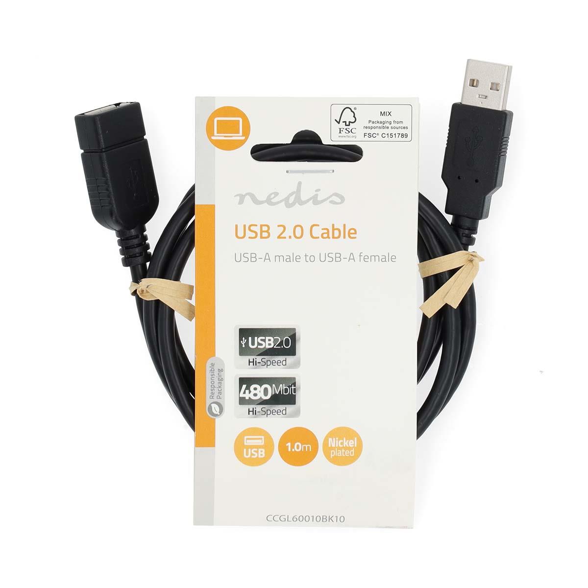 Nedis USB Cable | USB 2.0 | USB-A Male | USB-A Female | 480 Mbps | Nickel Plated | 1.00 m | Round | PVC | Black | Label
