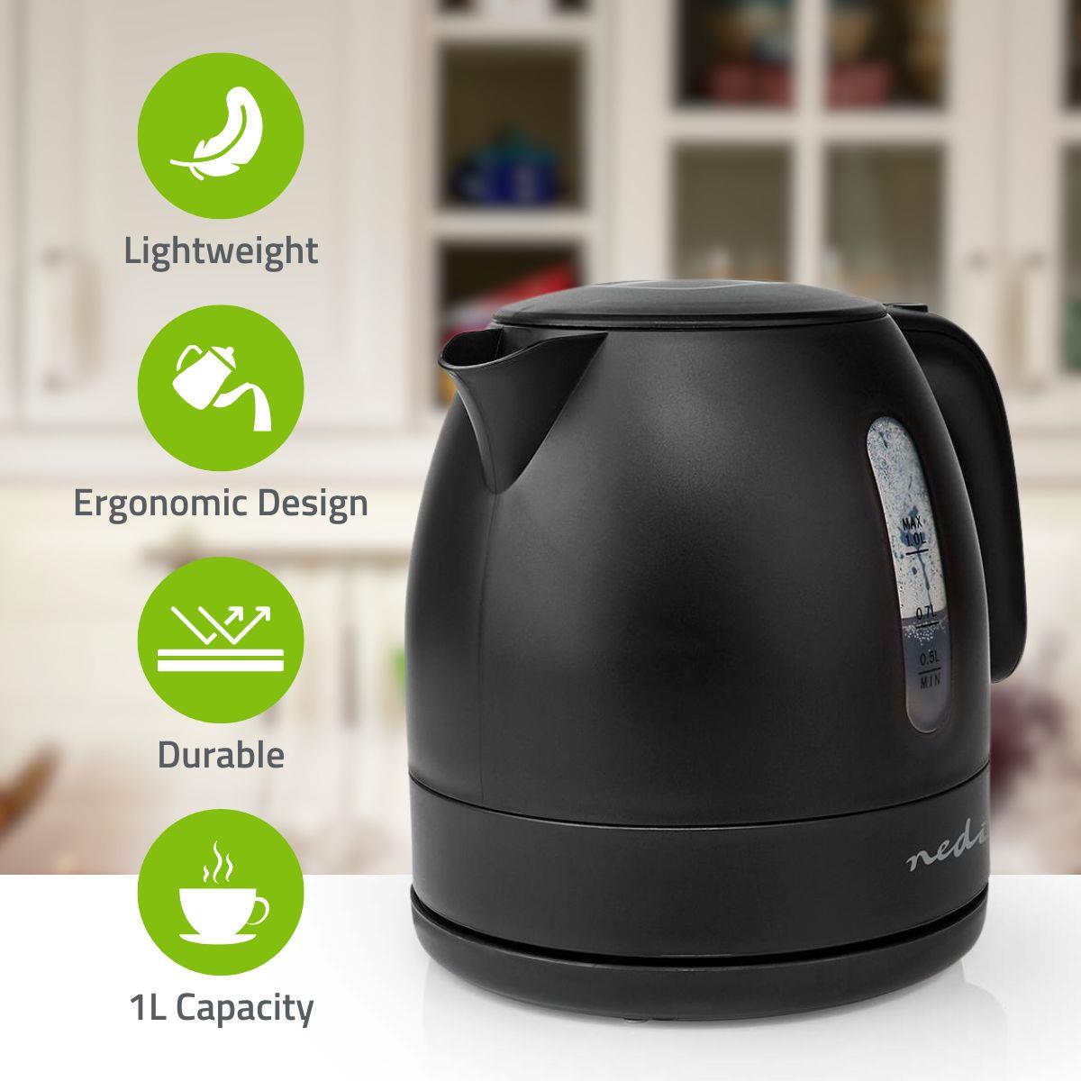 Nedis Electric Kettle | 1.0 l | Plastic | Black | Rotatable 360 degrees | Concealed heating element | Strix® controller | Boil-dry protection