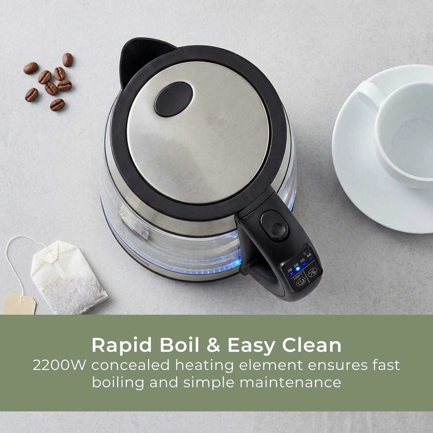 MELISSA Digital Electric Kettle | 1.7 l | 2200 W | Glass | 50/70/80/90/100 °C Presets | 360° pirouette base | Concealed heating element | Strix® controller | Keep-warm function | Boil-dry protection