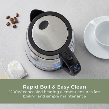 MELISSA Digital Electric Kettle | 1.7 l | 2200 W | Glass | 50/70/80/90/100 °C Presets | 360° pirouette base | Concealed heating element | Strix® controller | Keep-warm function | Boil-dry protection