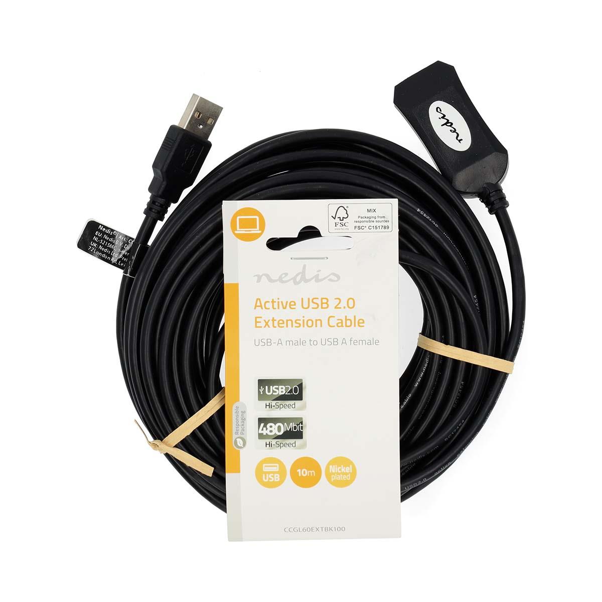 Nedis Active USB Cable | USB 2.0 | USB-A Male | USB-A Female | 480 Mbps | 10.0 m | Round | Nickel Plated | PVC | Copper | Label