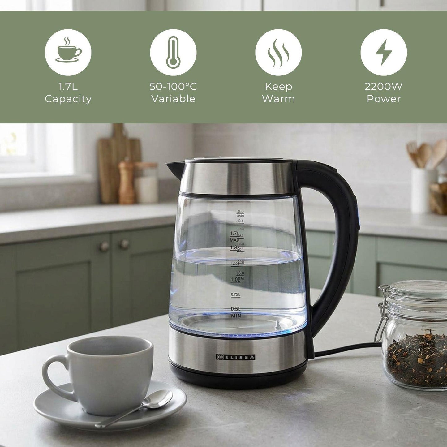 MELISSA Digital Electric Kettle | 1.7 l | 2200 W | Glass | 50/70/80/90/100 °C Presets | 360° pirouette base | Concealed heating element | Strix® controller | Keep-warm function | Boil-dry protection
