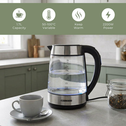 MELISSA Digital Electric Kettle | 1.7 l | 2200 W | Glass | 50/70/80/90/100 °C Presets | 360° pirouette base | Concealed heating element | Strix® controller | Keep-warm function | Boil-dry protection