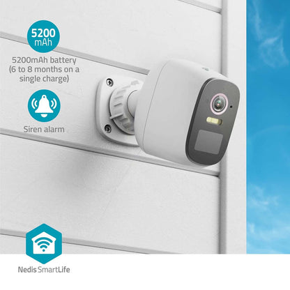 Nedis SmartLife Outdoor Camera | Wi-Fi | Spotlight | 4MP Quad HD 1440p / 2560x1440 | Pan tilt | IP66 | Max. battery life: 10 Months | Cloud Storage (optional) / microSD (not included) | 5 V DC | With motion sensor | Night vision | White