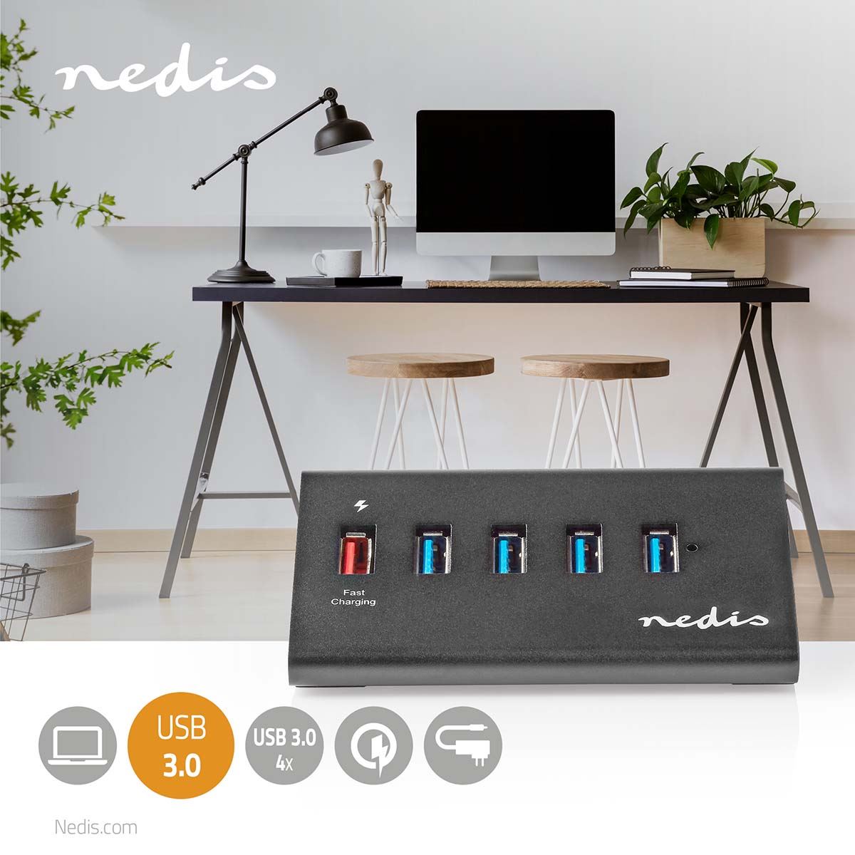 Nedis USB Hub | USB Micro-B Female | USB-A Female | 5 port(s) | QC3.0 / USB 3.2 Gen 1 | Mains Powered / USB Powered | 5 Gbps | 5x USB