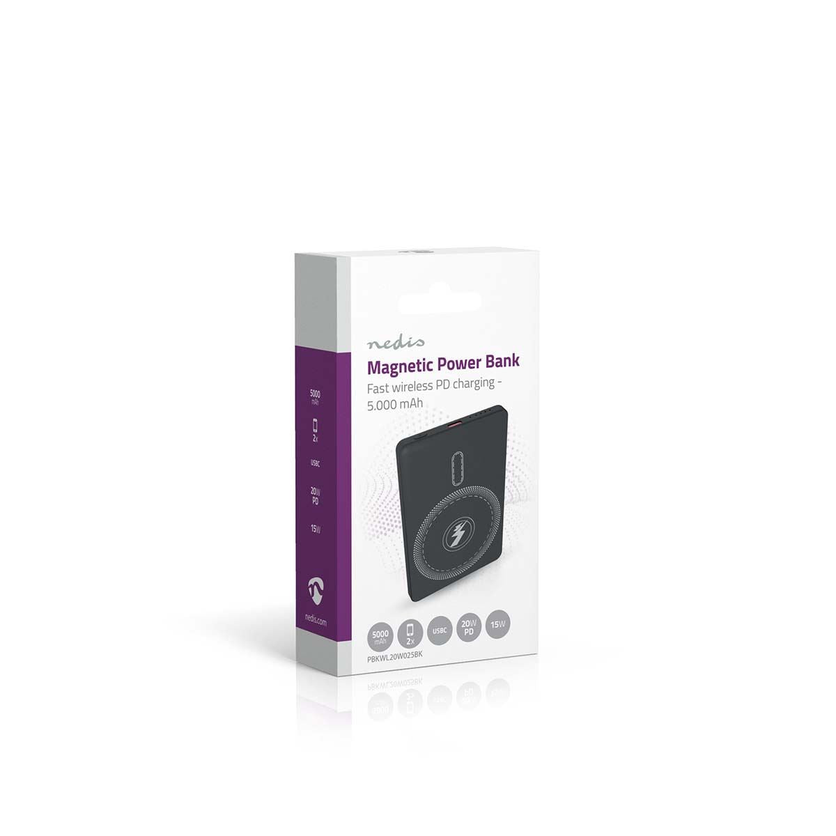 Nedis PBKWL20W025BK | Powerbank | 5000 mAh | Wireless charging | 1.67 / 2.22 / 3.0 A | Number of outputs: 1 | Output connection: 1x USB-C™ | Input connection: 1x USB-C™ | PD3.0 20W | Lithium-Polymer