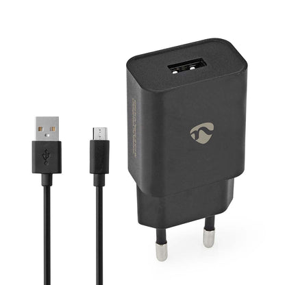 Nedis Wall Charger | 12 W | Quick charge feature | 1x 2.1 A | Number of outputs: 1 | USB-A | Micro USB (Loose) Cable | 1.00 m | Single Voltage Output | Black