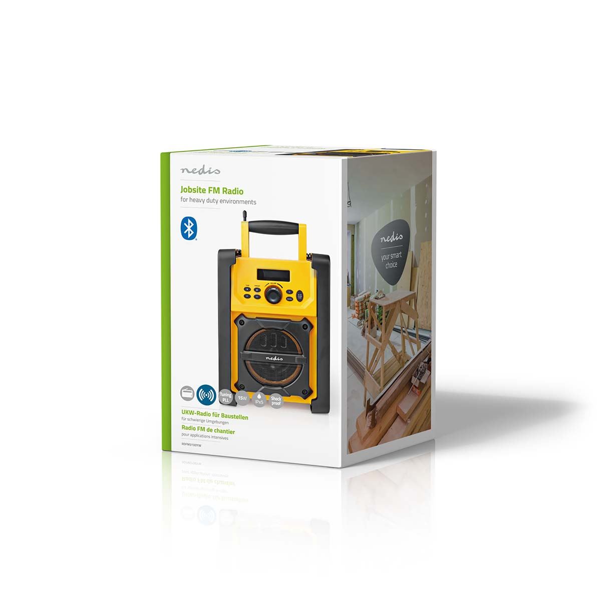 Nedis FM Radio | Jobsite Radio | FM | Battery Powered / Mains Powered | Digital | 15 W | Screen size: 2.2 " | Blue White Screen | IPX5 | Carrying handle | Black / Yellow