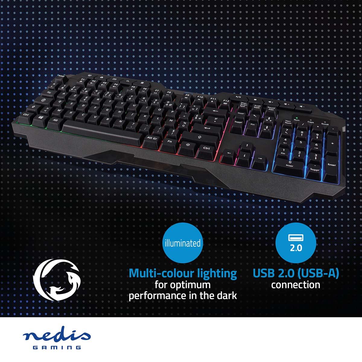 Nedis Wired Gaming Keyboard | USB Type-A | Membrane Keys | LED | AZERTY | FR Layout | USB Powered | Power cable length: 1.30 m | Multimedia