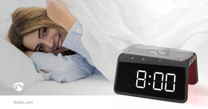 Nedis Alarm clock with wireless charging | Qi certified | 5 / 7.5 / 10 / 15 W | USB-A Male | Night Light | 2 Alarm Times | Snooze function