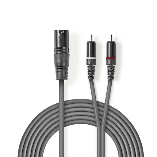 Nedis Balanced Audio Cable | XLR 3-Pin Male | 2x RCA Male | Nickel Plated | 3.00 m | Round | PVC | Dark Grey | Carton Sleeve