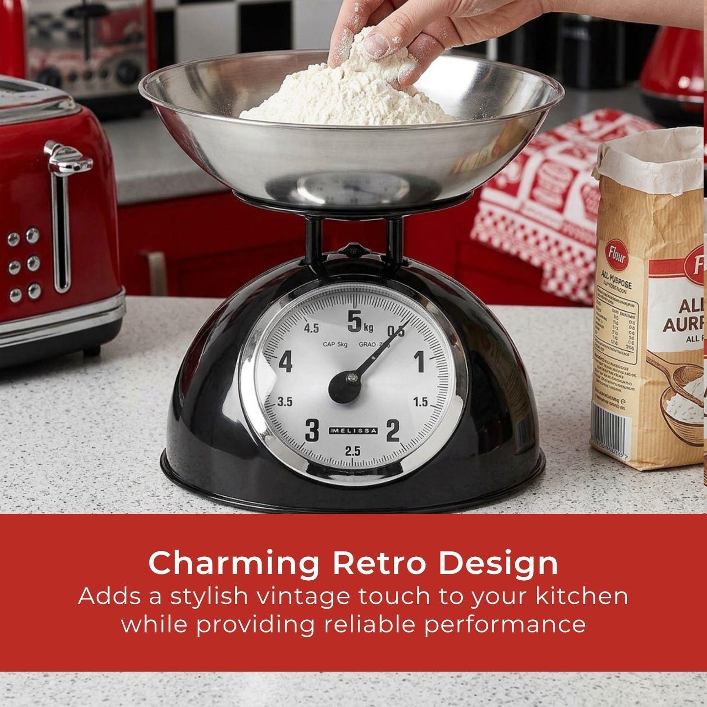 MELISSA Retro Kitchen Scale | Analog | Metal Housing | Removable bowl | Max. 5kg | 25-gram increments | Black