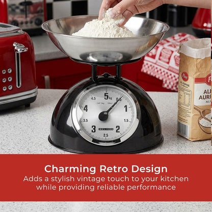 MELISSA Retro Kitchen Scale | Analog | Metal Housing | Removable bowl | Max. 5kg | 25-gram increments | Black