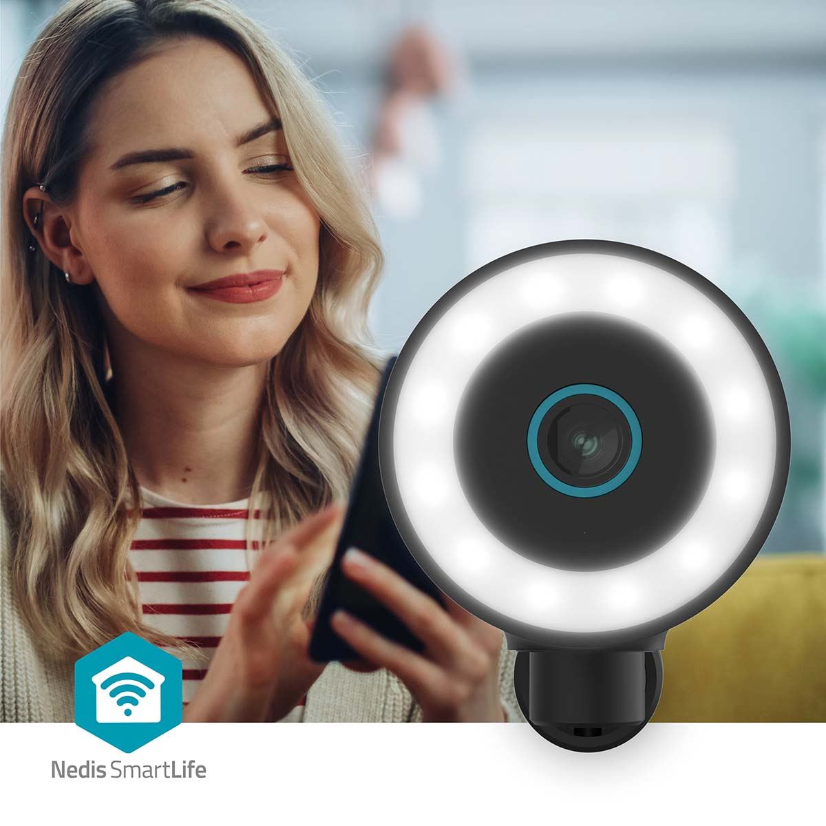 Nedis SmartLife Outdoor Camera | Wi-Fi | Spotlight | 4K / 3840x2160 | IP65 | Cloud Storage (optional) / microSD (not included) / Onvif | 5 V DC | With motion sensor | Night vision | Black