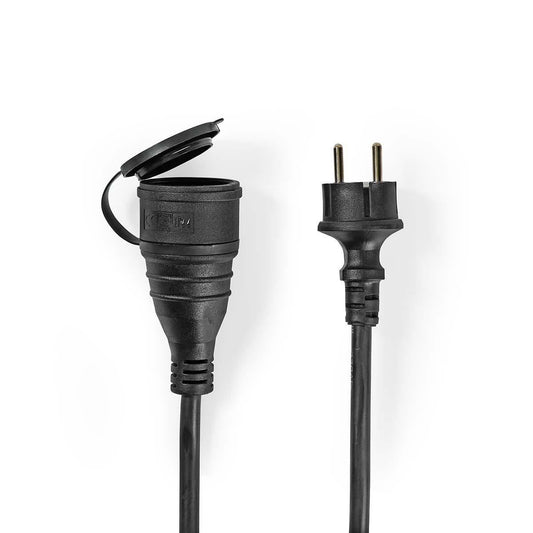 Nedis Power Extension Cable | Plug with earth contact male | Plug with earth contact female | Straight | Straight | Nickel Plated | 20.0 m | Round | IP44 | Black | Shrink Pack