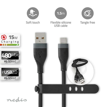 Nedis USB Cable | USB 2.0 | USB-A Male | USB-C™ Male | 15 W | 480 Mbps | Nickel Plated | 1.50 m | Round | Silicone | Black | Box