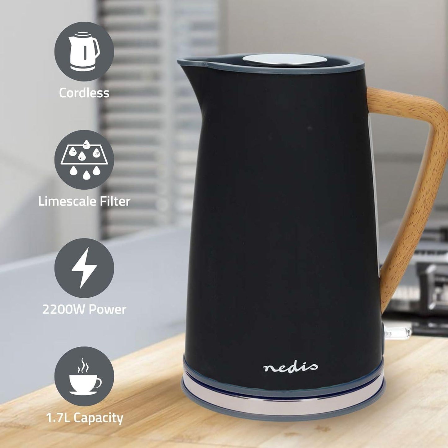 Nedis Electric Kettle | 1.7 l | Soft-Touch | Black | Rotatable 360 degrees | Concealed heating element | Strix® controller | Boil-dry protection