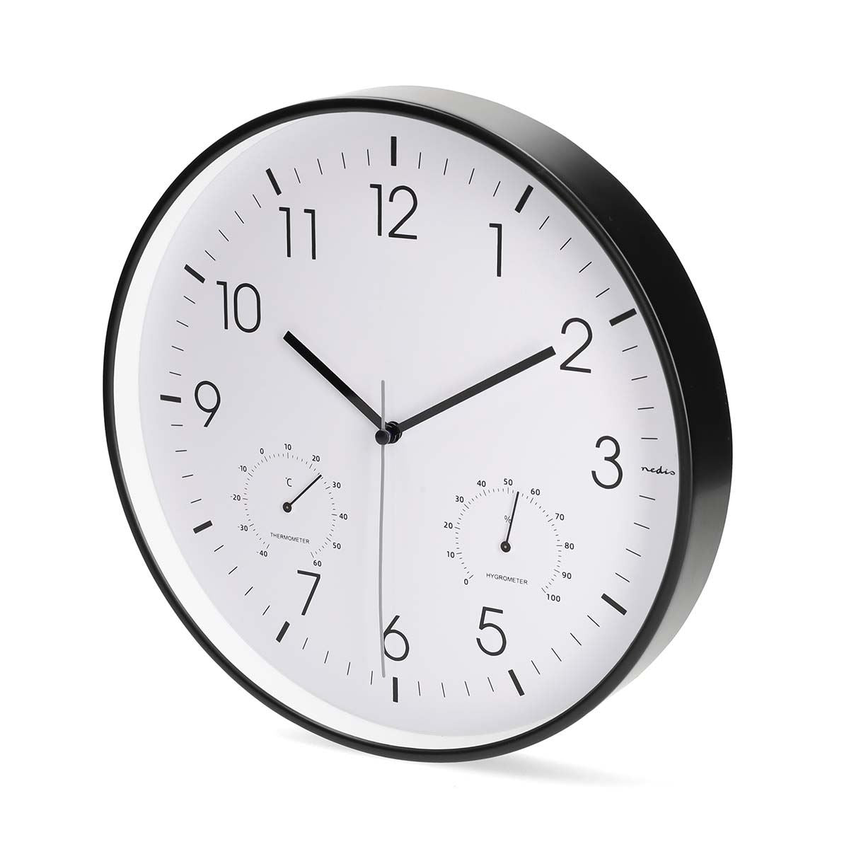 Nedis Wall Clock | Diameter: 300 mm | Plastic | Silent movement | Thermometer | Hygrometer | Black / White