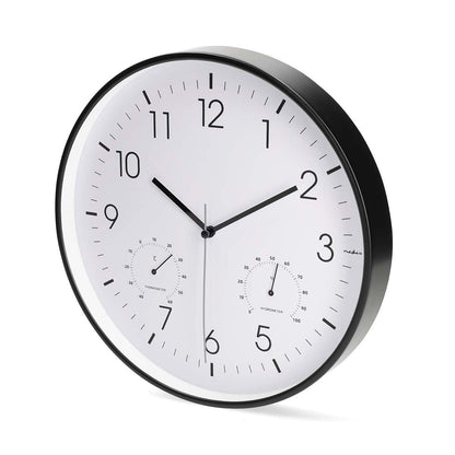 Nedis Wall Clock | Diameter: 300 mm | Plastic | Silent movement | Thermometer | Hygrometer | Black / White