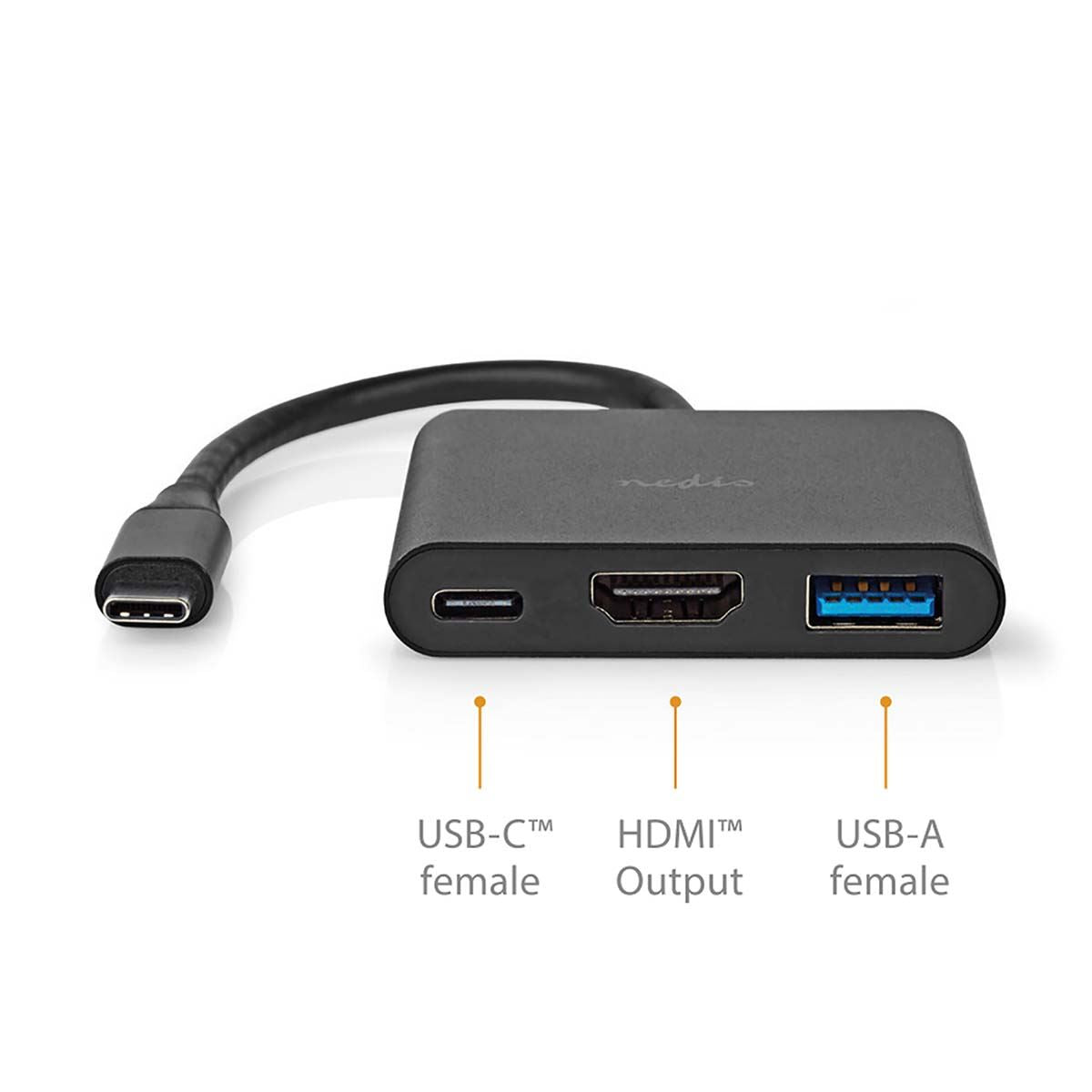 Nedis USB Multi-Port Adapter | USB 3.2 Gen 1 | USB-C™ Male | HDMI™ Output / USB-A Female / USB-C™ Female | 5 Gbps | 0.10 m | Round | Nickel Plated | PVC | Black | Box