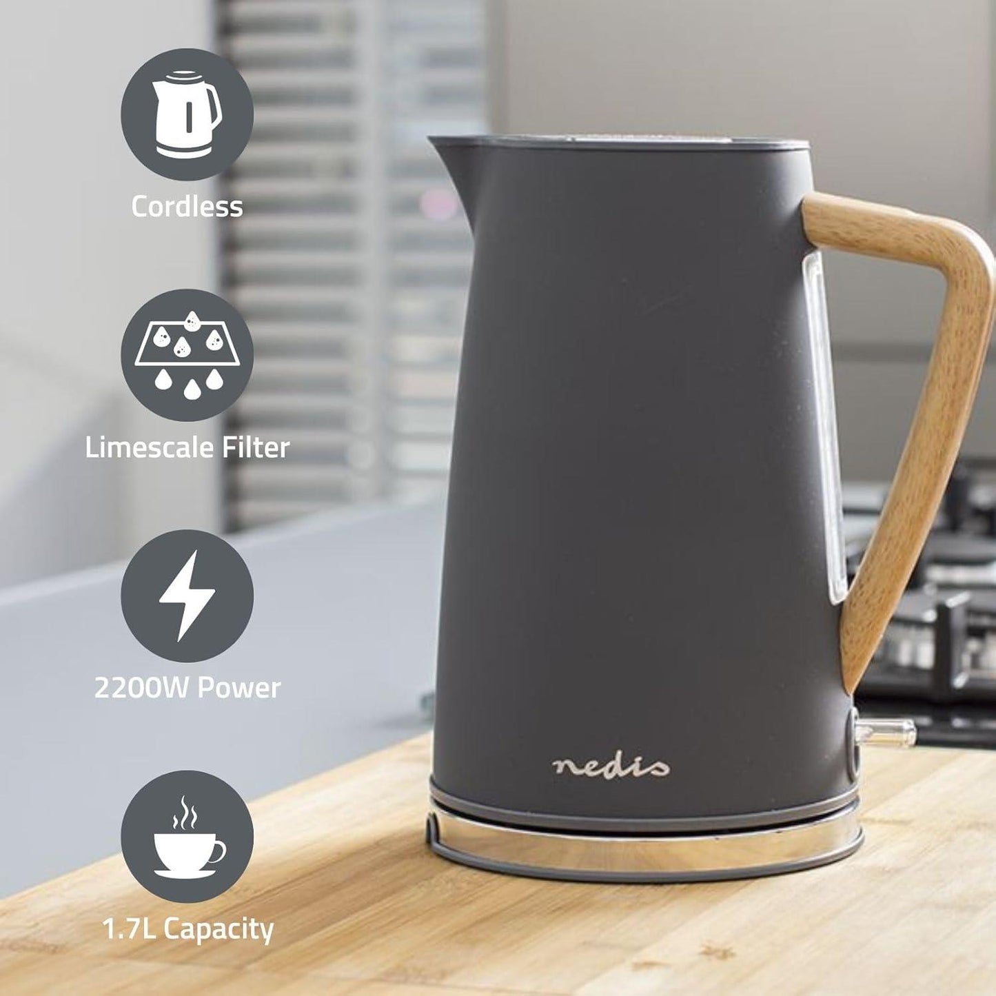 Nedis Electric Kettle | 1.7 l | Soft-Touch | Grey | Rotatable 360 degrees | Concealed heating element | Strix® controller | Boil-dry protection
