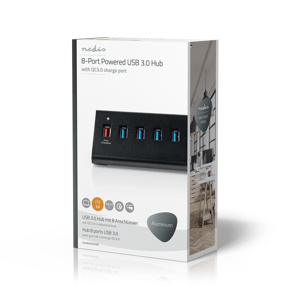 Nedis USB Hub | USB Micro-B Female | USB-A Female | 8 port(s) | QC3.0 / USB 3.2 Gen 1 | Mains Powered / USB Powered | 5 Gbps | 8x USB
